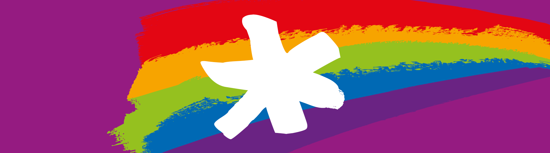 Das Bild zeigt ein weißes Sternsymbol und eine mehrfarbigen Pinselstrich auf lilafarbigen Hintergrund.